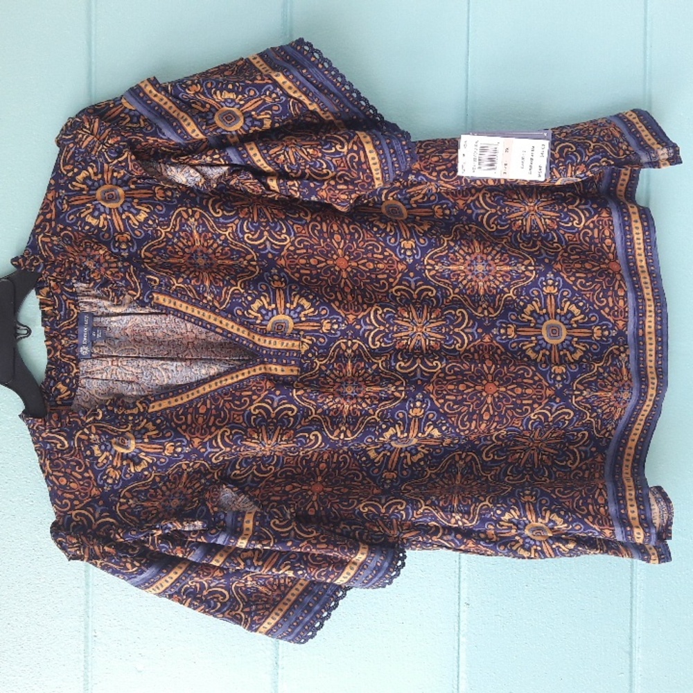 Women's Blue and Orange Patterned Blouse